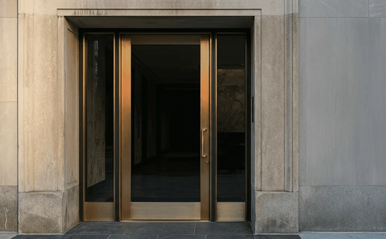 The closed brass-and-glass entrance of a private bank